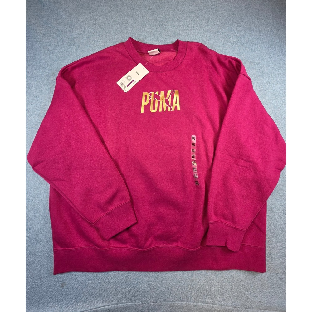 Puma Ess Shine Crew Sweatshirt Womens XXL, Berry Pink Gold Logo Fleece NWT
